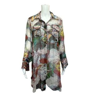 Vintage Concept Semi Sheer Multicolor Watercolor Long Line Blouse Size S